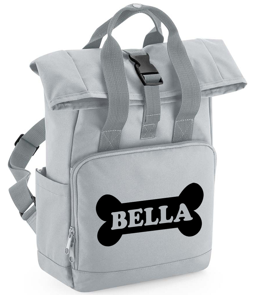 Personalised Dog Bone Backpack Twin Handle Roll Top Dog Bag Grey