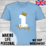 Personalised Birthday T-Shirt Name Age Number Boy Or Girl Blue White and Gold