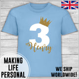 Personalised Birthday T-Shirt Name Age Number Boy Or Girl Blue White and Gold