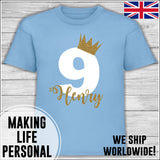 Personalised Birthday T-Shirt Name Age Number Boy Or Girl Blue White and Gold