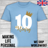 Personalised Birthday T-Shirt Name Age Number Boy Or Girl Blue White and Gold