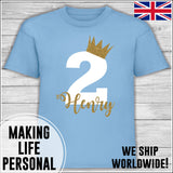 Personalised Birthday T-Shirt Name Age Number Boy Or Girl Blue White and Gold