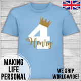 Personalised Birthday T-Shirt Name Age Number Boy Or Girl Blue White and Gold