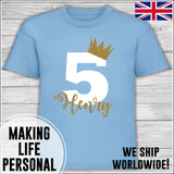 Personalised Birthday T-Shirt Name Age Number Boy Or Girl Blue White and Gold