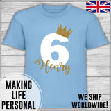 Personalised Birthday T-Shirt Name Age Number Boy Or Girl Blue White and Gold