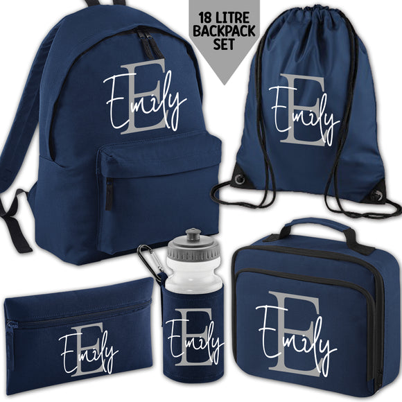 Personalised Backpack Kids 18 12 or 9 Litre Initial and Name Lunch Bag Water Bottle Pencil Case School PE Bag Back To School Navy