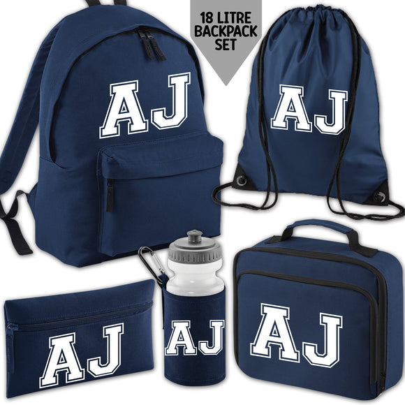 Personalised Backpack Kids School Bag Set Navy With Initials Lunch Bag Water Bottle Gym Bag Pencil Case Back To School