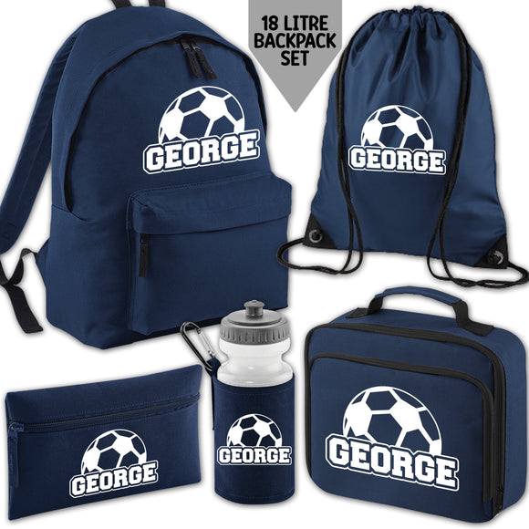 Personalised Backpack Kids School Bag Set Football Name Navy Lunch Bag Water Bottle Gym Bag Pencil Case Back To School