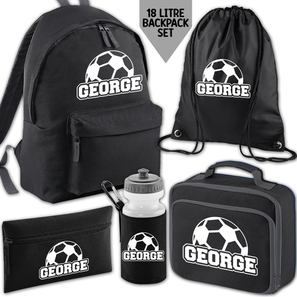 Personalised Backpack Kids School Bag Set Football Name Black Lunch Bag Water Bottle Gym Bag Pencil Case Back To School