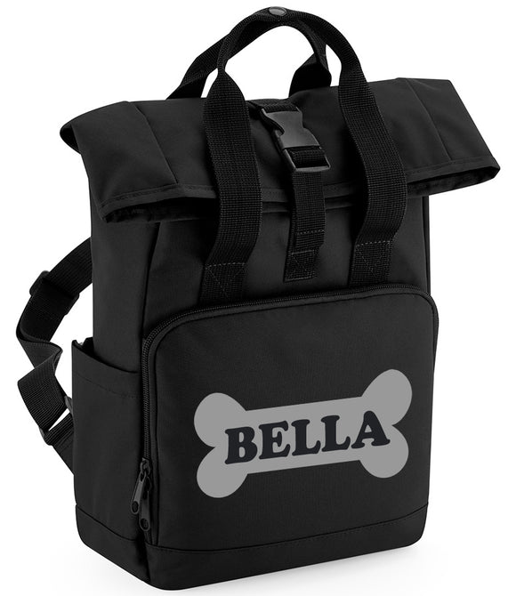 Personalised Dog Bone Backpack Twin Handle Roll-Top Dog Bag Black