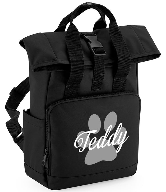 Personalised Dog Paw Backpack Twin Handle Roll-Top Dog Bag Black