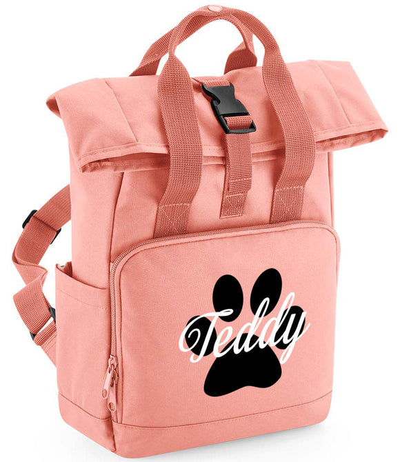 Personalised Dog Paw Backpack Twin Handle Roll-Top Dog Bag Blush