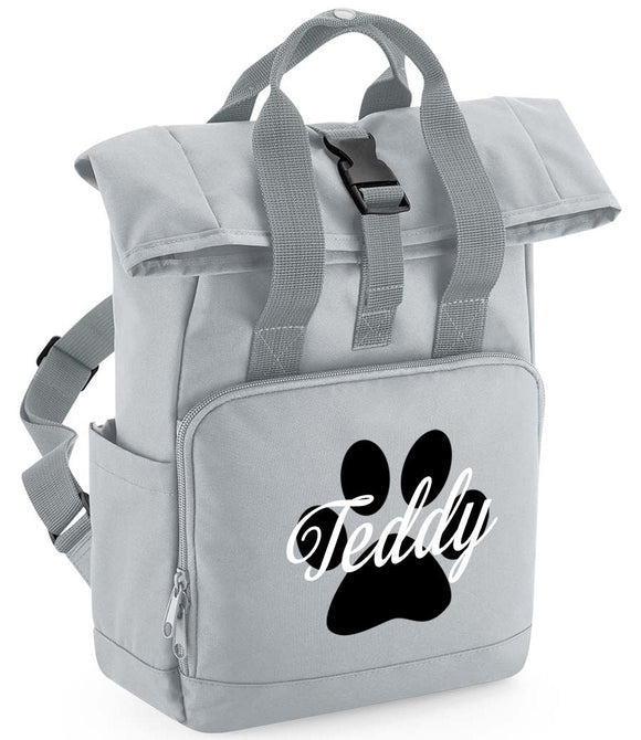 Personalised Dog Paw Backpack Twin Handle Roll-Top Dog Bag Light Grey