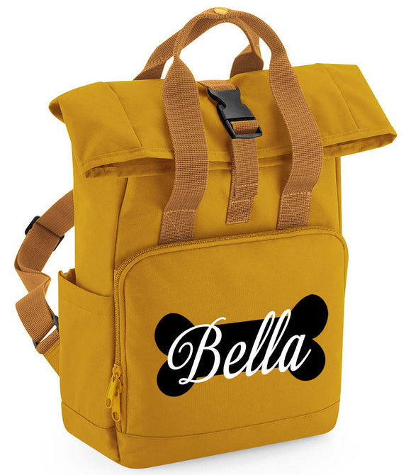 Personalised Dog Backpack Twin Handle Roll-Top Dog Bag Mustard