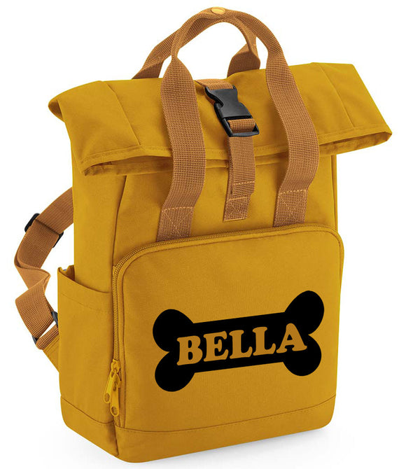 Personalised Dog Bone Backpack Twin Handle Roll-Top Dog Bag Mustard