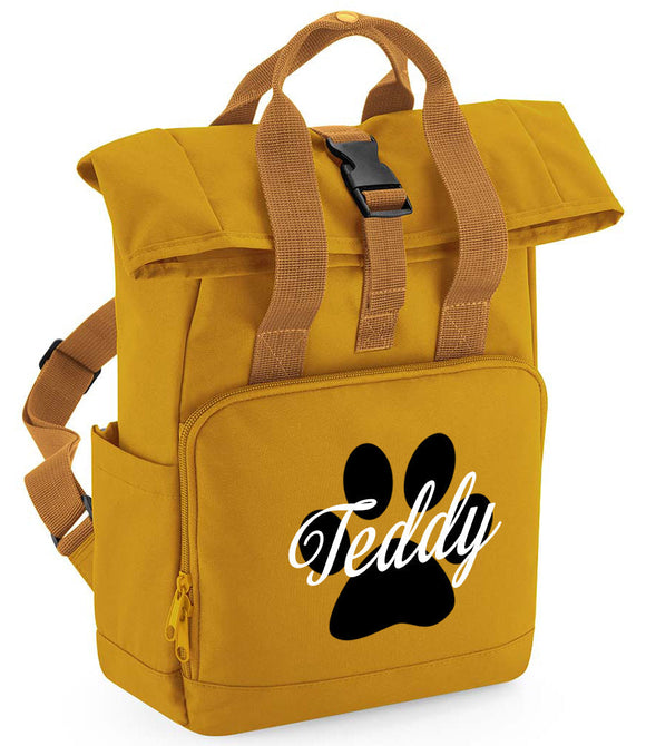 Personalised Dog Paw Backpack Twin Handle Roll-Top Dog Bag Mustard