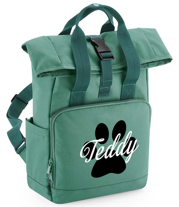 Personalised Dog Paw Backpack Twin Handle Roll-Top Dog Bag Sage