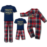 Personalised Pyjamas Christmas With The Family Matching Tartan Gold Red and Navy