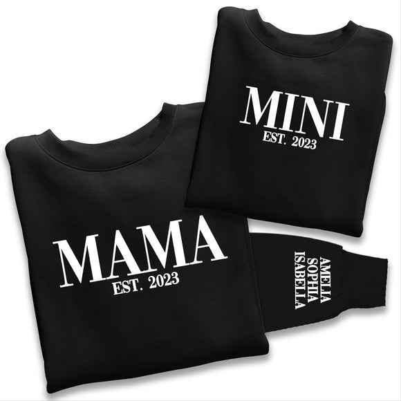 Personalised Mama and Mini EST Sweatshirt, Name On The Sleeve Mother's Day Gift, Black