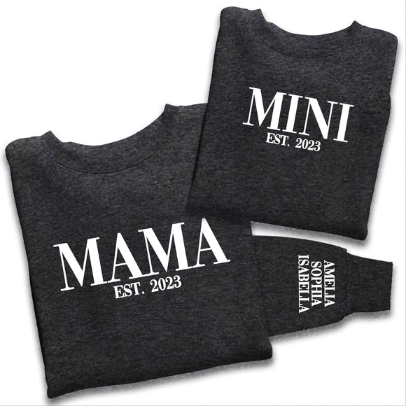 Personalised Mama and Mini EST Sweatshirt, Name On The Sleeve Mother's Day Gift, Charcole