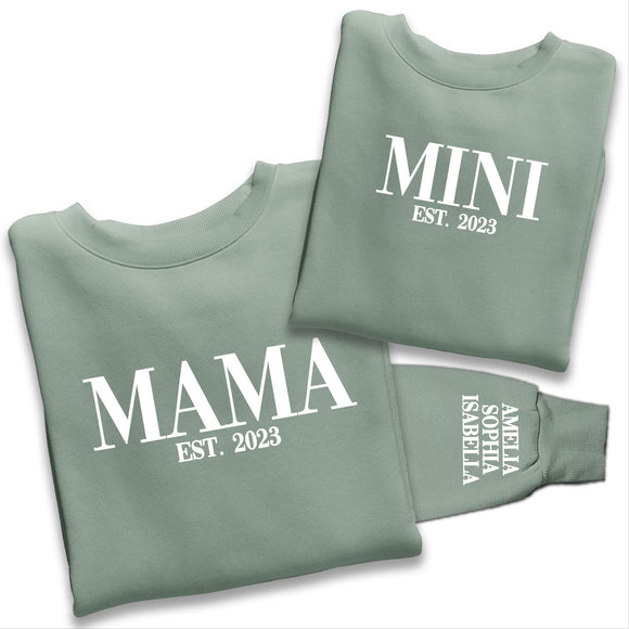 Personalised Mama and Mini EST Sweatshirt, Name On The Sleeve Mother's Day Gift Dusty Green