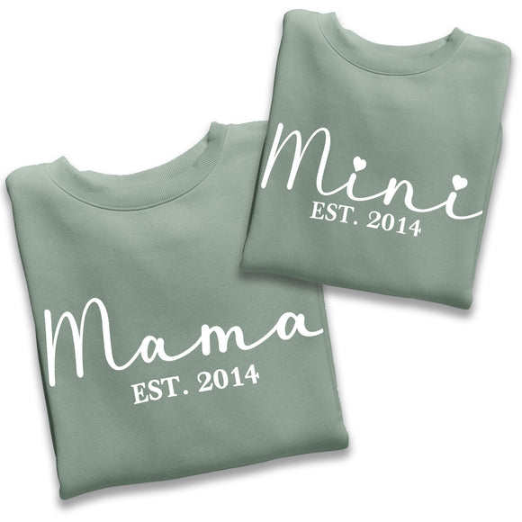 Personalised Mama and Mini EST Sweatshirt Dusty Green, Mother's Day Gift, Mummy Birthday Gift, New Mum Gift
