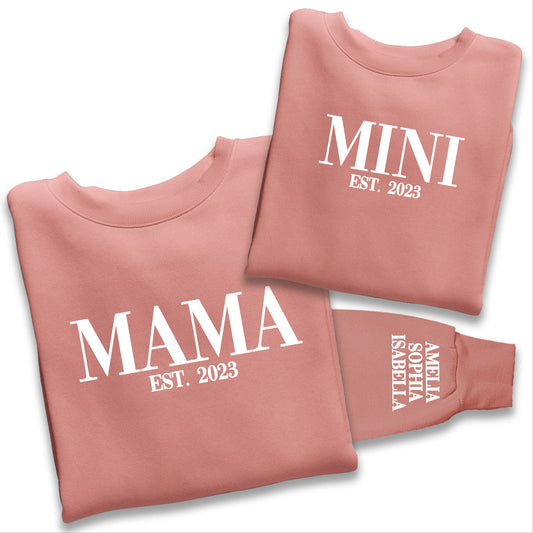 Personalised Mama and Mini EST Sweatshirt, Name On The Sleeve Mother's Day Gift, Dusty Pink