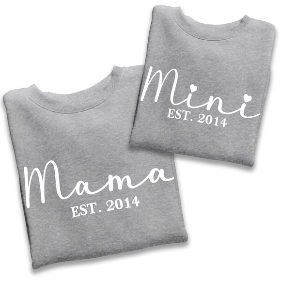 Personalised Mama and Mini EST Sweatshirt Heather Grey, Mother's Day Gift, Mummy Birthday Gift, New Mum Gift