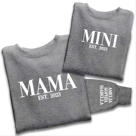 Personalised Mama and Mini EST Sweatshirt, Name On The Sleeve Mother's Day Gift, Heather Grey