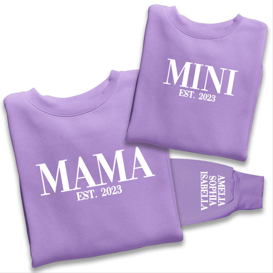 Personalised Mama and Mini EST Sweatshirt, Name On The Sleeve Mother's Day Gift, Lavender