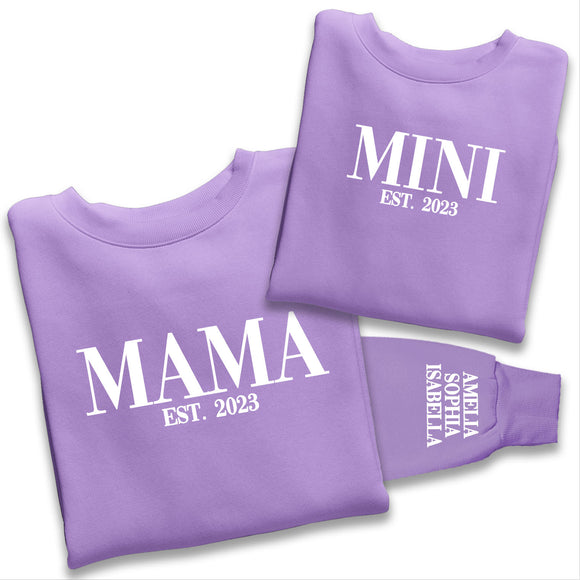 Personalised Mama and Mini EST Sweatshirt, Name On The Sleeve Mother's Day Gift, Lavender