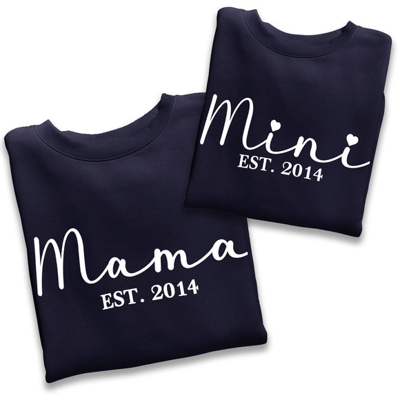 Personalised Mama and Mini EST Sweatshirt Navy, Mother's Day Gift, Mummy Birthday Gift, New Mum Gift
