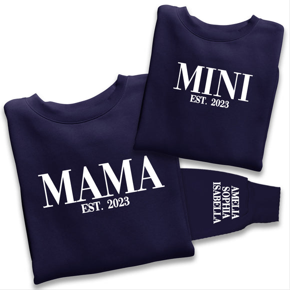 Personalised Mama and Mini EST Sweatshirt, Name On The Sleeve Mother's Day Gift, Navy