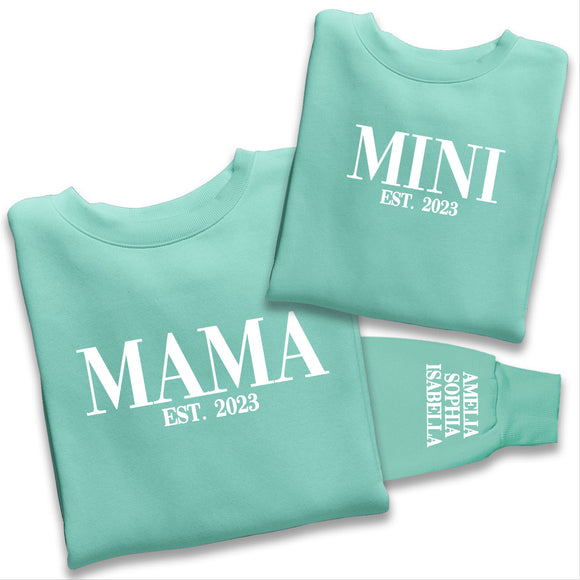 Personalised Mama and Mini EST Sweatshirt, Name On The Sleeve Mother's Day Gift, Peppermint