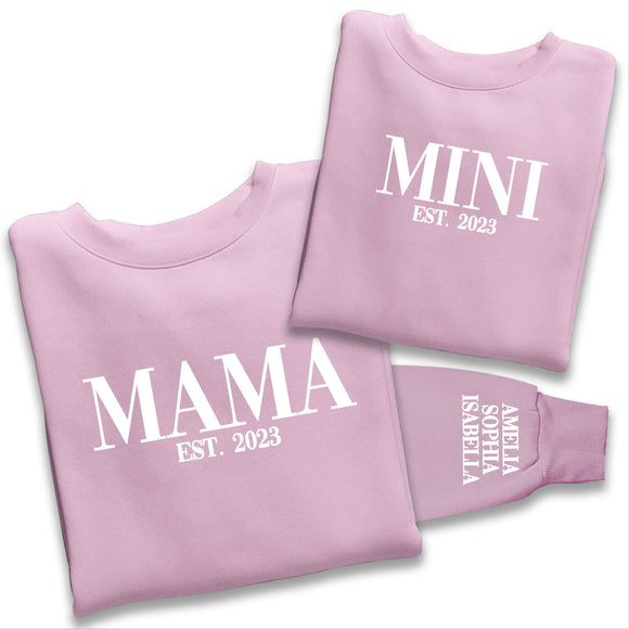 Personalised Mama and Mini EST Sweatshirt, Name On The Sleeve Mother's Day Gift, Baby Pink