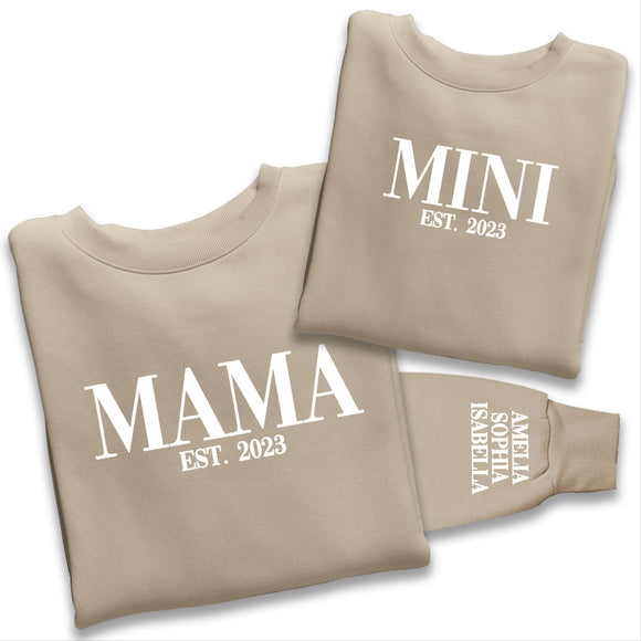 Personalised Mama and Mini EST Sweatshirt, Name On The Sleeve Mother's Day Gift Gift, Desert Sand