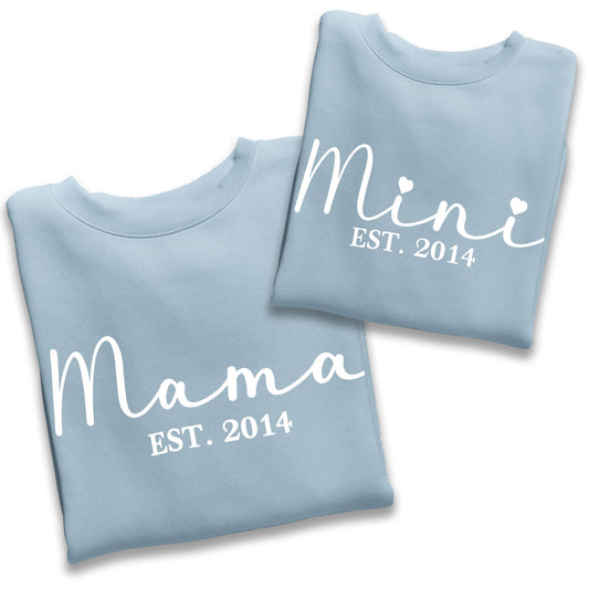 Personalised Mama and Mini EST Sweatshirt Sky Blue, Mother's Day Gift, Mummy Birthday Gift, New Mum Gift