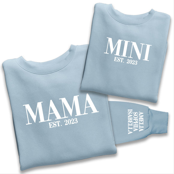 Personalised Mama and Mini EST Sweatshirt, Name On The Sleeve Mother's Day Gift, Sky Blue