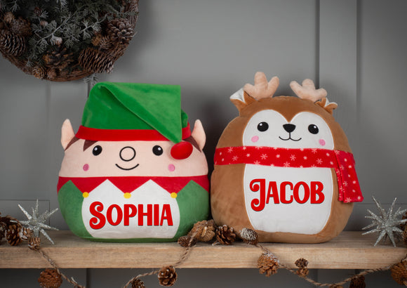 Personalised Squidgy Christmas Elf & Deer Childrens Soft Toy Pillow Shaped Characters