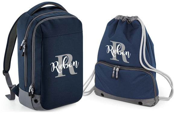 Personalised Pro Backpack with Water bottle pocket and Matching Gym Bag Initial and Name 23L Navy Blue Set