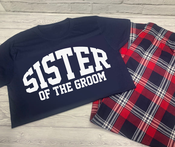 Personalised Sister of the Groom Custom Red Navy Tartan Loungewear Birthday Gift