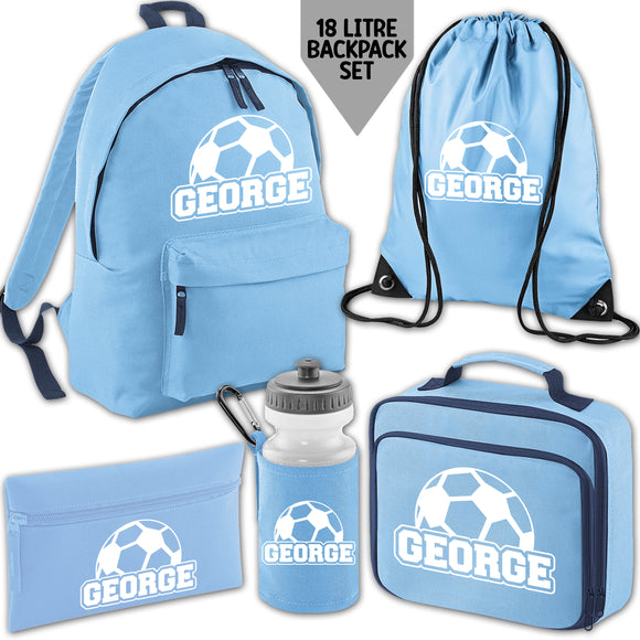 Personalised Backpack Kids School Bag Set Football Name Sky Blue Lunch Bag Water Bottle Gym Bag Pencil Case Back To School