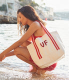 Embroidered Organic Cotton Beach Bag: Large Travel Shopping Tote - Natural/Classic Red