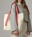 Embroidered Organic Cotton Beach Bag: Large Travel Shopping Tote - Natural/Classic Red