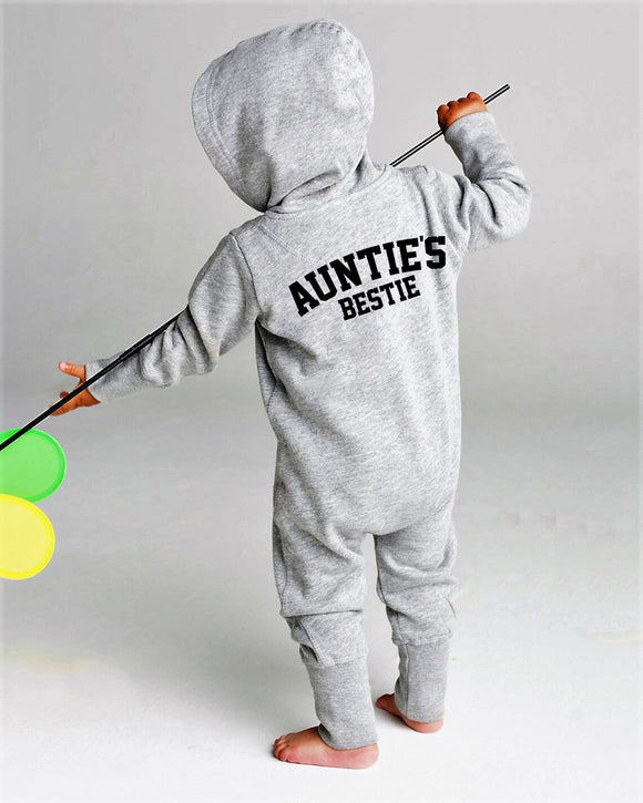 Personalised Auntie's Bestie Baby All In One Zip Up Tracksuit With Hood