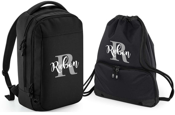 Personalised Pro Backpack with Water bottle pocket and Matching Gym Bag Initial and Name 23L Black Set