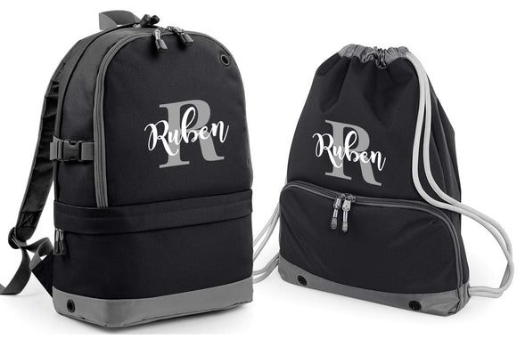 Personalised Pro Backpack with Laptop Compartment and Matching Gym Bag Initial and Name 18L Black Set