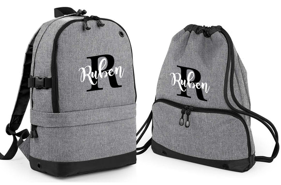Personalised Pro Backpack with Laptop Compartment and Matching Gym Bag Initial and Name 18L Grey Set