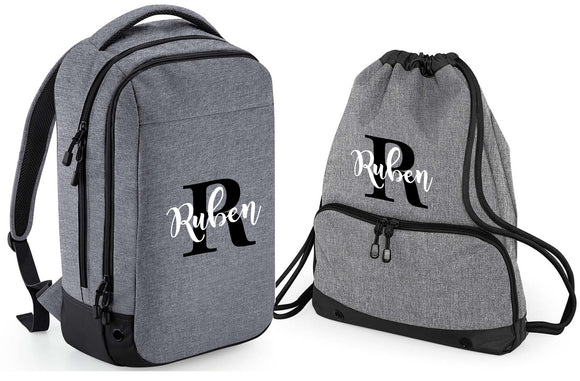 Personalised Pro Backpack with Water bottle pocket and Matching Gym Bag Initial and Name 23L Grey Set