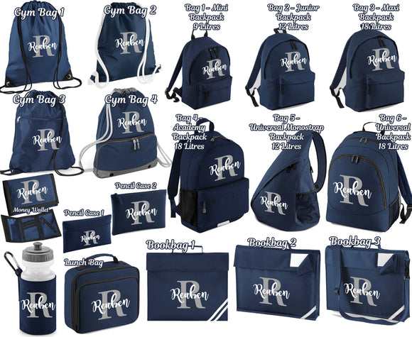 Personalised Backpack Name Initial Book Bag Pencil Case Water Bottle Gymsac PE Bag Boot Shoe Bag Wallet Messenger Bag Waistpack Navy Blue